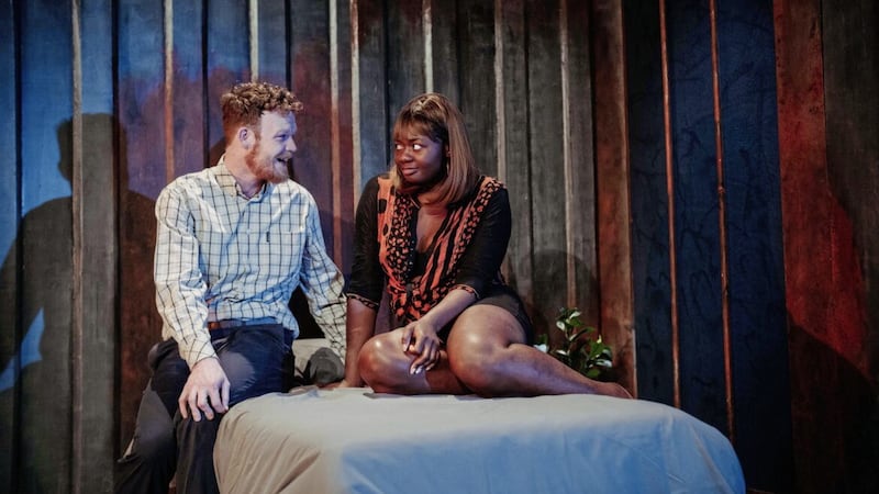 Seamus O&#39;Hara as John and Lizzy Akinbami as Precious in Silent Trade, Rosemary Jenkinson&#39;s powerful drama for Kabosh about human trafficking. Picture by Johnny Frazer 