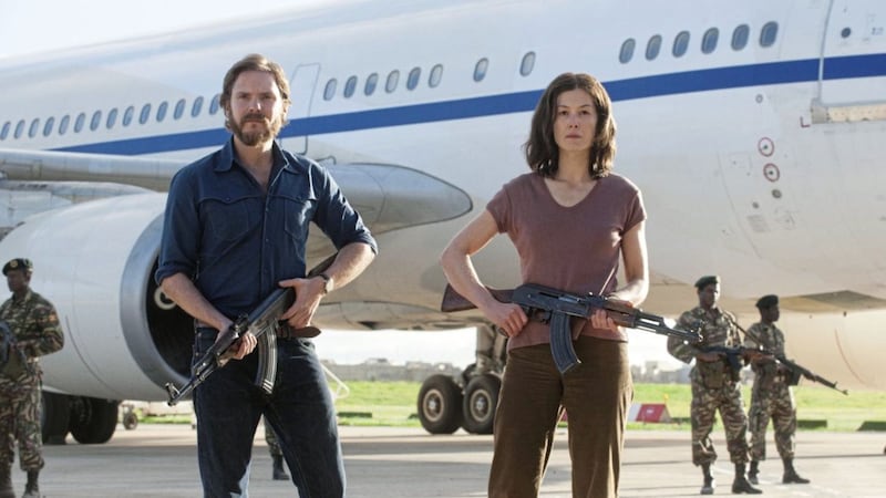 Daniel Bruhl and Rosamund Pike in a scene from Entebbe, the forthcoming dramatisation of the infamous 1976 hijacking 