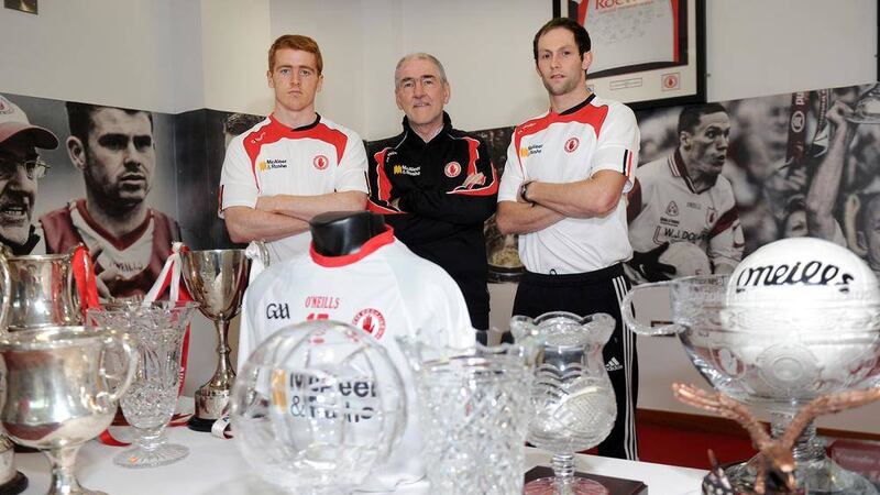 Tyrone player Peter Harte (left), manager Mickey Harte and player Ronan McNabb at a Press Conference in Garvaghy ahead of the All-Ireland SFC against Kerry 
