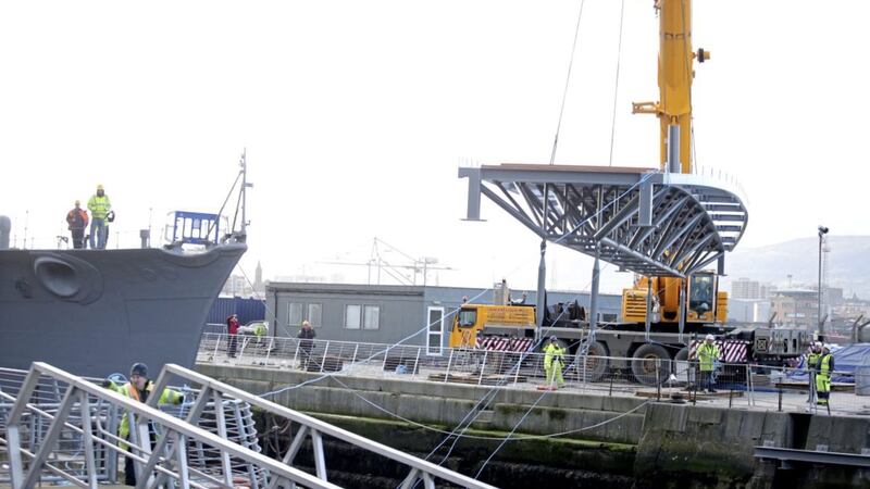 The new bridge at Alexandra Dock in Belfast&rsquo;s Queen&rsquo;s Island is lowered into place 