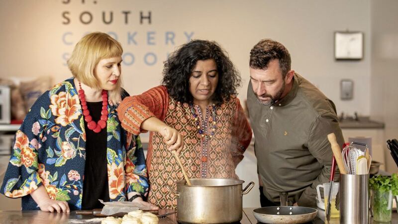 Star of Netflix&rsquo;s Chef&rsquo;s Table Asma Khan in Belfast with Northern Ireland writers Jan Carson and Paul McVeigh ahead of next week&#39;s Jaipur Literature Festival 