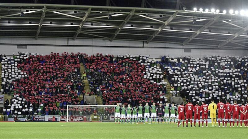 Fans displayed a poppy mosaic in the West Stand during the Northern Ireland match with Azerbaijan at Windsor Park 