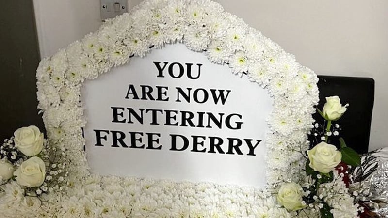 A floral model of Free Derry Corner was placed on the altar during Johnny McKane&#39;s Requiem Mass at St Columba&#39;s church, Long Tower yesterday.  