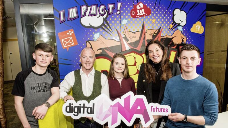 Launching the Digital Futures programme are (from left) Shea Mulholland; Conor Houston, head of engagement at Digital DNA; Jenna Page; Joan Burney Keatings MBE, chief executive of Cinemagic; and Shane Murphy, training officer at Young Enterprise NI. Photo: Elaine Hill 