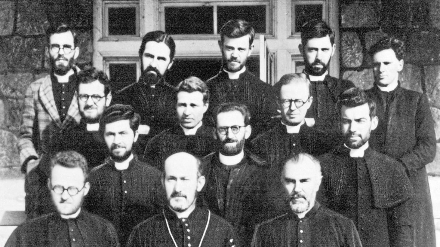 Co Down priest Fr James Maginn was one of seven Columbans killed for their faith by North Korean Communists in 1950. In this 1942 photograph he is pictured with 13 other Columbans during their internment by the Japanese forces who occupied Korea during the Second World War. Pictured in the front row are Brian Geraghty, Thomas Quinlan and Pat Brennan; in the second row, James Maginn, Frank McGann and, giving the victory sign, Tony Collier; in the third row, Pat McGowan, Phil Crosbie, Tom Neligan; in the back row, Paddy Deery, Frank Herlihy, James Doyle, Frank Gallagher and Hubert Hayward. As well as Fr Maginn, Fr Pat Brennan and Fr Tony Collier were also killed by North Korean communist forces. Picture courtesy of Missionary Society of St Columban.