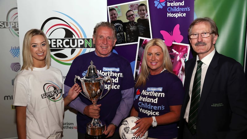 &nbsp;L-r, ACA model Sarah Moore, NI Hospice ambassador Gerry Armstrong, NI Hospice Regional Fundraiser Manager Noreen Kennedy, and SuperCupNI Chairman Victor Leonard launch this year's official STATSports SuperCupNI Tournament.