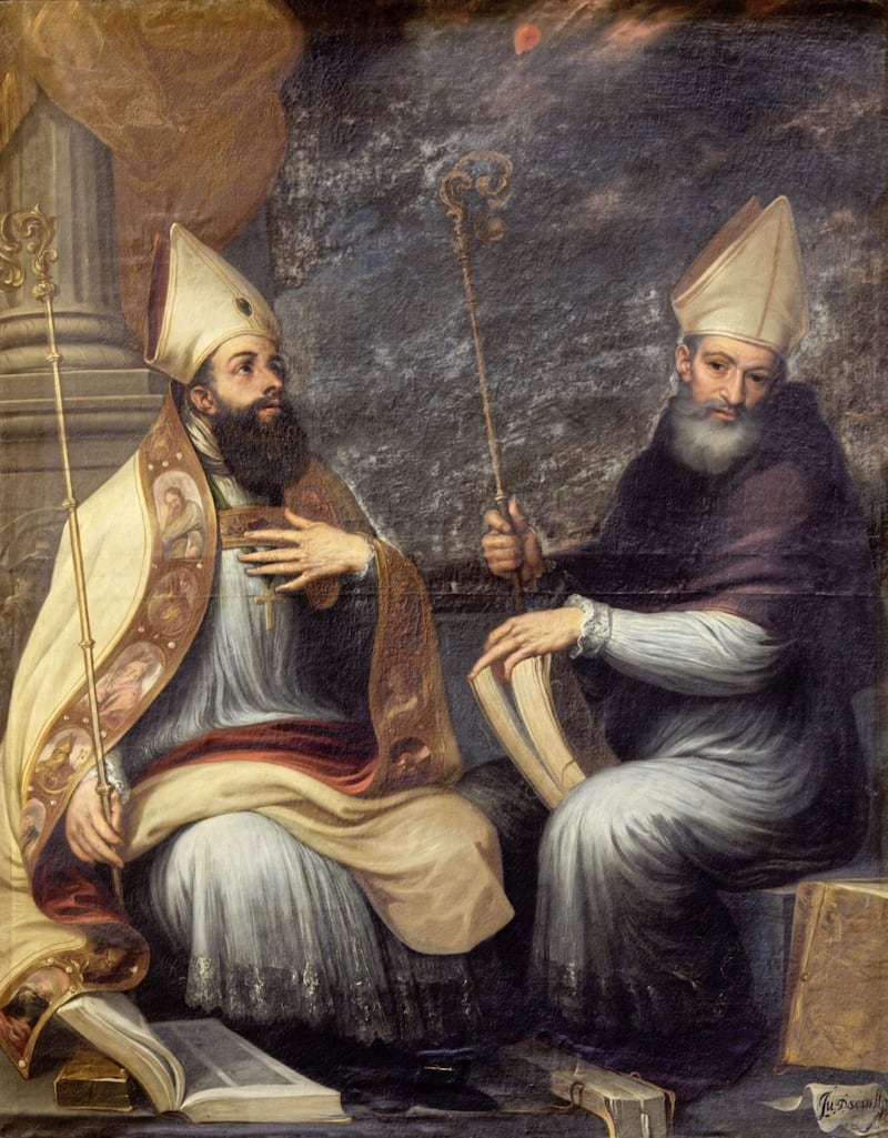 St Ambrose and St Augustine, as depicted in the Monasterio de San Jeronimo in Grenada, Spain in a fresco by Juan de Sevilla Romero (1643-1695). Augustine believed that to be made in God&#39;s image meant that humans reflect the Trinitarian character of God 