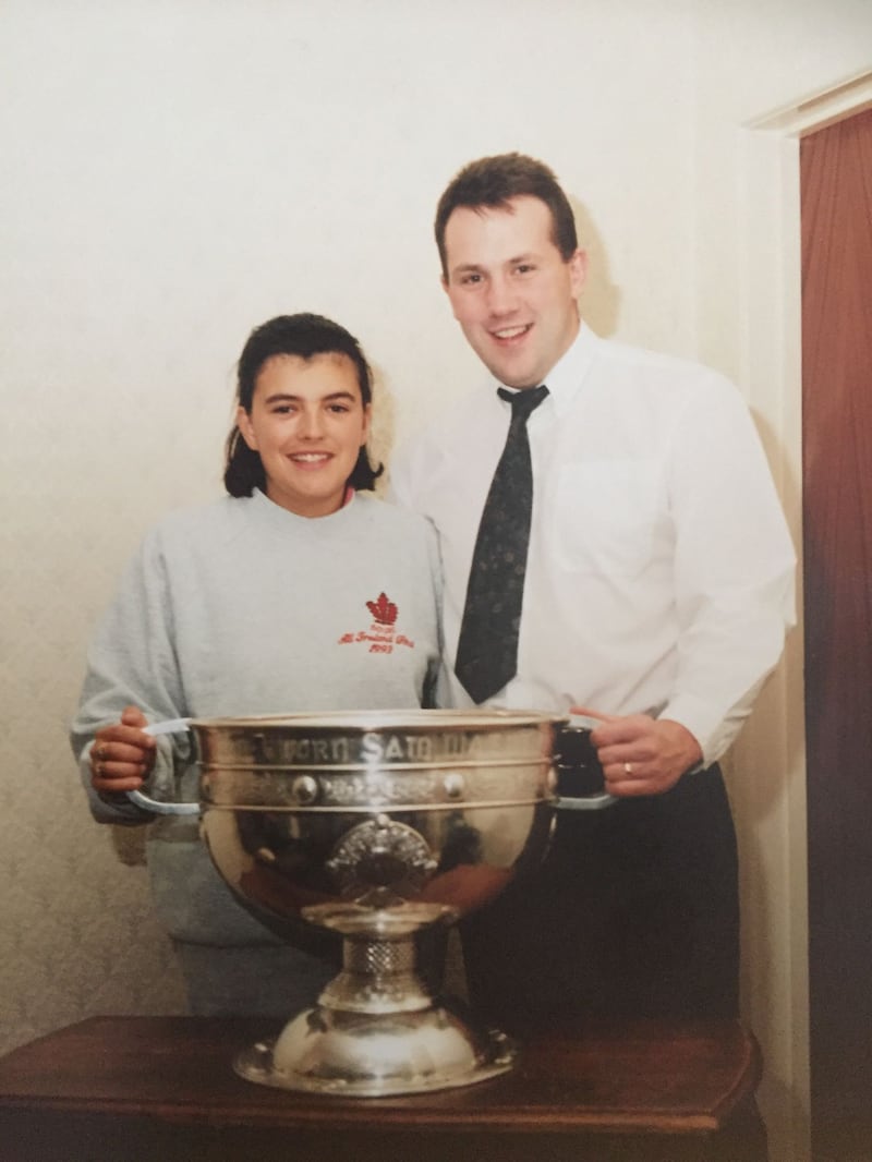 Catherine and Danny Quinn pictured with the Sam Maguire Cup after Derry's All-Ireland success in 1993.