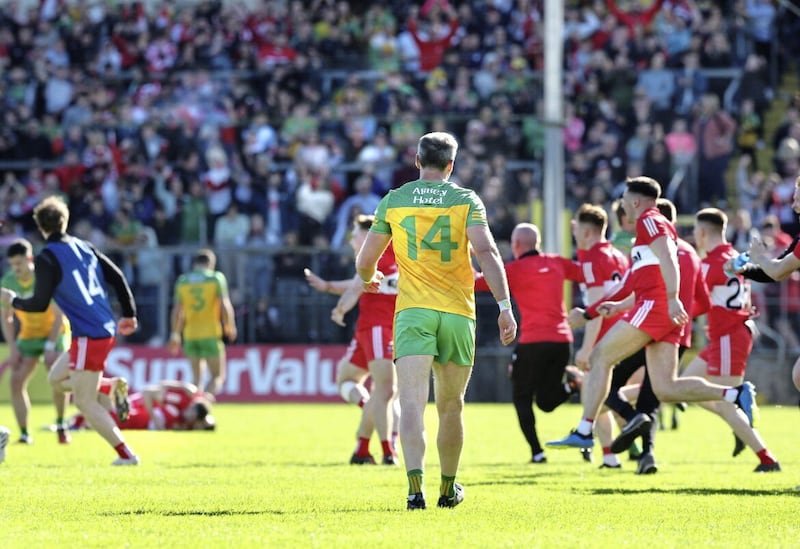 Donegal captain Michael Murphy on the final whistle after being beaten by Derry in the 2022 Ulster SFC Final at Clones. Picture Margaret McLaughlin 