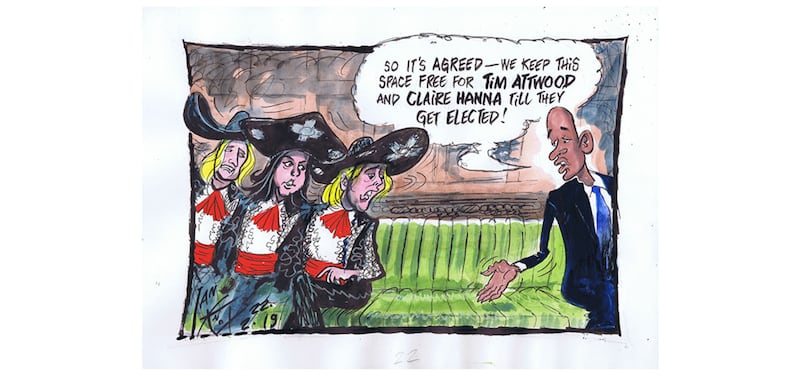 Ian Knox cartoon 22/2/19: The &ldquo;Three Amigos&rdquo; join the &ldquo;Magnificent Seven&rdquo; in disagreement with their respective party leaders.  The &ldquo;Terrible Two&rdquo; have yet to move&nbsp;