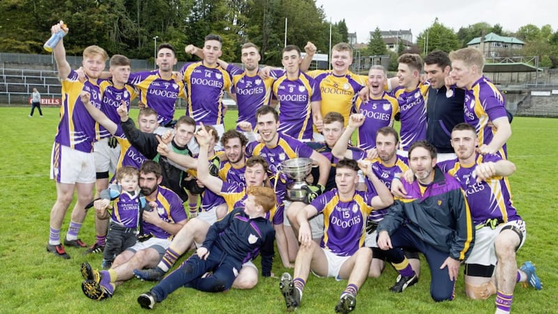 Derrygonnelly players celebrate a third successive Fermanagh title Picture by Jason Moncrieff 