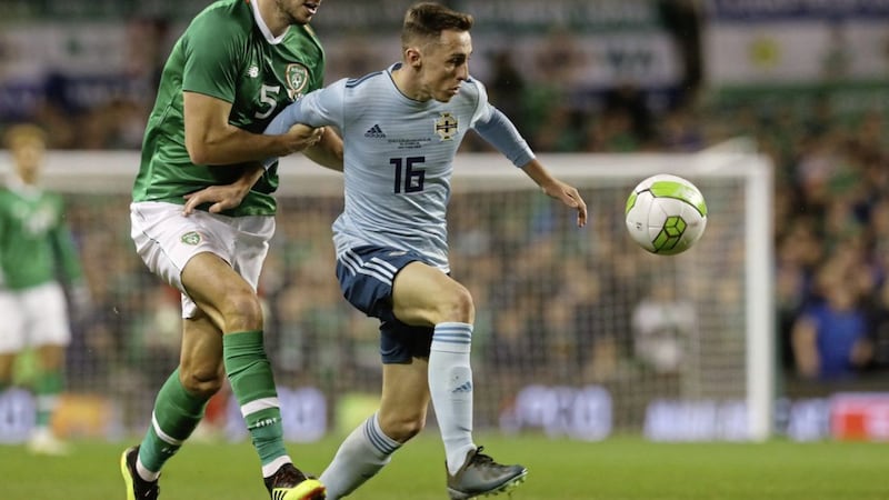 The Republic of Ireland's John Egan (left) and Northern Ireland's Gavin Whyte battle for the ball during the friendly in Dublin last year.&nbsp;