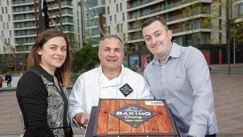 Pictured, from left, Fiona Rice, Titanic Quarter, The Belfast Baking Company&rsquo;s cake specialist, John Halliday, and bakery owner Paul McDonald   