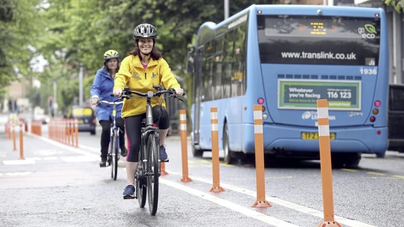 Infrastructure Minister Nichola Mallon has cycled around parts of Belfast to view at first-hand how the new pop-up cycle lanes introduced in parts of Belfast in recent weeks are operating. The new pop-up cycle lanes on the Dublin Road, Grosvenor Road and Crumlin Road are among a range of initiatives currently being piloted across Belfast to encourage active travel and lifestyles and to assist with social distancing 