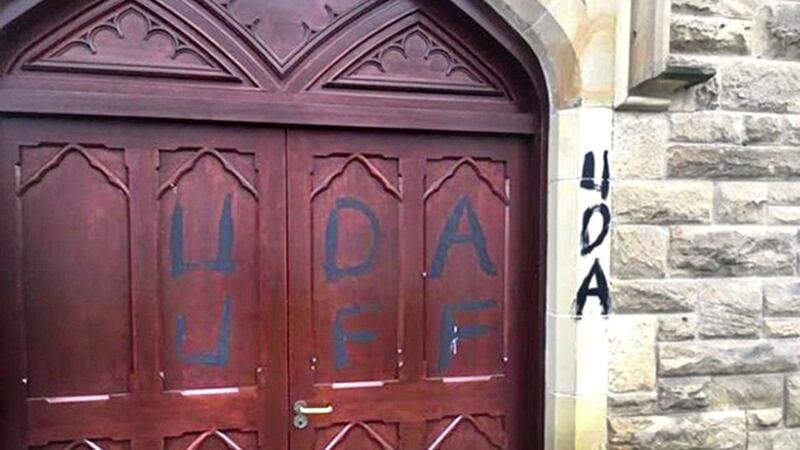 Attackers daubed &quot;UDA&quot; and &quot;UFF&quot; on the door of St Mary&#39;s church in Limavady.  