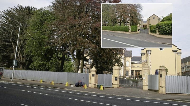 A large metal fence being erected at the Chinese Consulate on Malone Road in Belfast, and inset, the wall and hedgerow that existed before the unauthorised works 