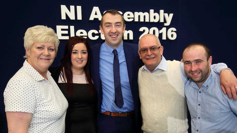 Sinn F&eacute;in&#39;s Daithi McKay (centre) with Thomas O&#39;Hara (far right), after being elected as North Antrim MLA in May. Picture by Cliff Donaldson 