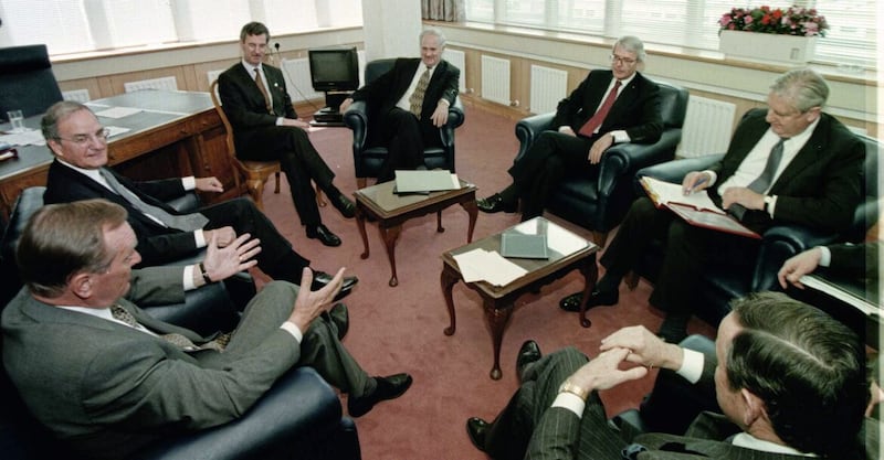 File photo dated 10/06/96 of round table talks (left to right ) -  Jean De Chastelain, George Mitchell, Dick Spring, the then Taoiseach John Bruton, the then Prime Minister John Major and Sir Patick Mayhew. Picture by Brian Little/PA Wire. 