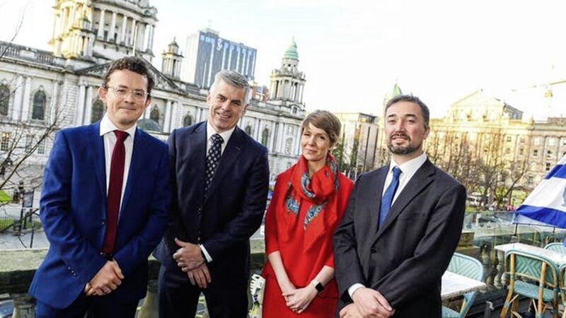 Announcing the new waste management deal for Belfast city traders are (from left) Gareth Neill, Destination CQ BID; Michael McLarnon, chief executive of ISL Waste Management; Clare Maguire of Belfast One BID; and Linen Quarter BID manager Chris McCracken 