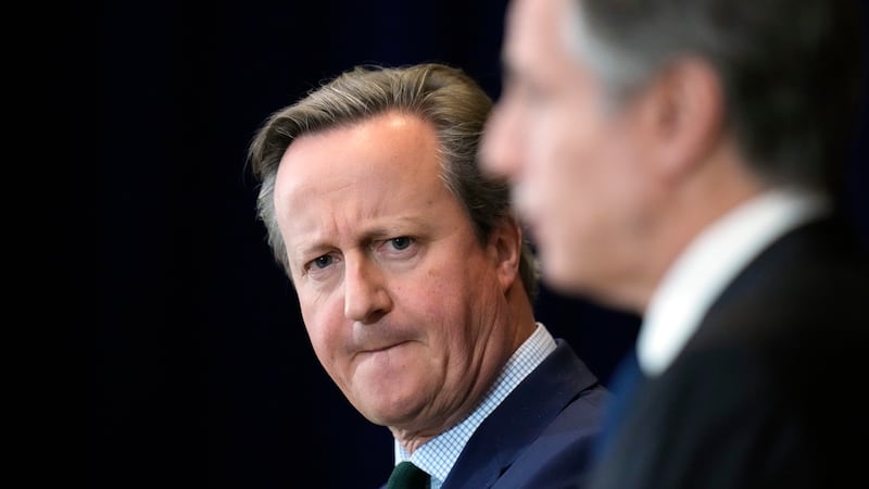 British Foreign Secretary David Cameron listens as Secretary of State Antony Blinken answers a question from a reporter (Alex Brandon/AP)