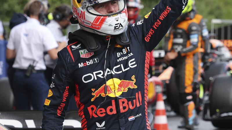 Max Verstappen of the Netherlands gives the thumbs up after clocking the fastest time in the qualification session ahead of the Formula One Grand Prix at the Spa-Francorchamps racetrack in Spa, Belgium, Friday, July 28, 2023. The Belgian Formula One Grand Prix will take place on Sunday. (AP Photo/Geert Vanden Wijngaert)
