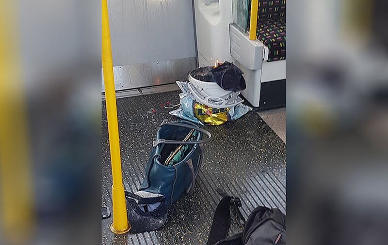 A bucket on fire on a tube train at Parsons Green station in west London.&nbsp;Picture by Sylvain Pennec/PA Wire&nbsp;