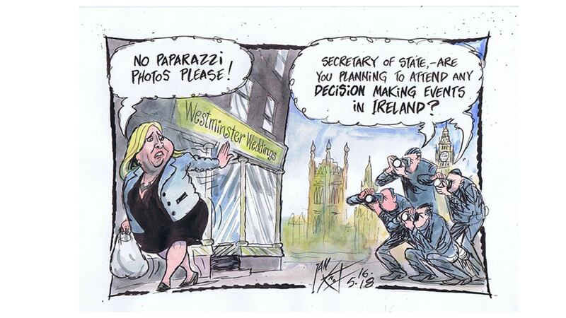 Ian Knox cartoon 16/5/18: Paparazzi pressure initially causes Meghan Markle's dad to stay away from the royal wedding. Parliamentary pressure appears to cause Karen Bradley to stay away from the north at a time of great indecision.&nbsp;