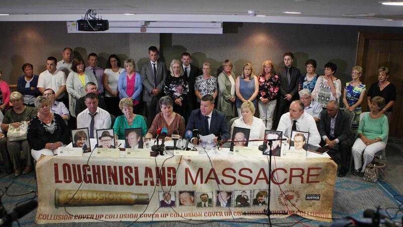 Only last week the relatives of victims have been reeling from revelations from the horrific murders from both Kingmill and Loughinisland. Relatives and victims of the Loughinisland atrocity look on as a statement is read out by Niall Murphy, their legal representative, to the waiting media about the evidence of collusion between police and loyalist paramilitaries. Picture by Matt Bohill