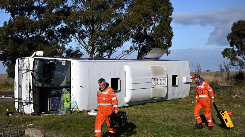 Seven children are in hospital with serious injuries after a truck struck a school bus carrying 45 students in the outskirts of Melbourne in Australia on Tuesday afternoon. (Joel Carrett/AAP/AP)