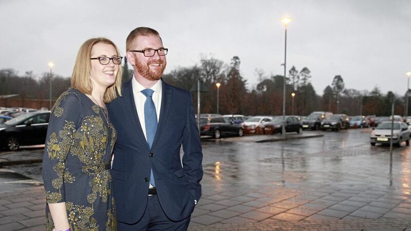 Simon Hamilton with his wife Nicki outside  the hall at the Ards and North Down 2017  Northern Ireland assembly election in Bangor. Picture by Bill Smyth
