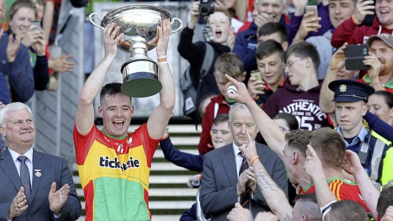 Carlow captain Martin Kavanagh lifts the Christy Ring Cup in Croke Park last Saturday 