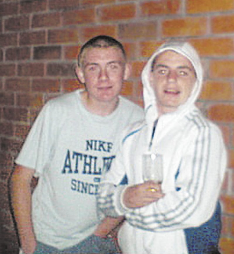 Stephen McKee (left) Patrick Crossan (on right in hood). 