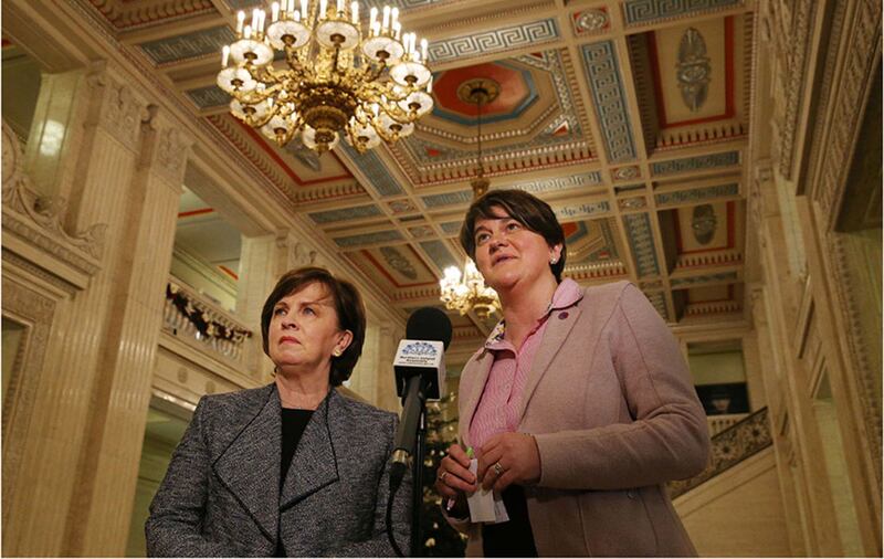 &nbsp;DUP leader Arlene Foster and MEP Diane Dodds speaking at Stormont after meeting with business leaders. Picture by Hugh Russell