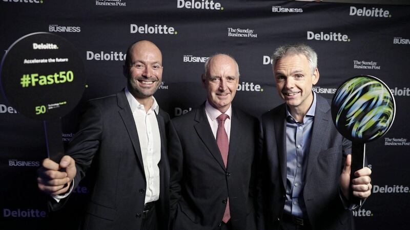 Pictured (from left) at the Deloitte Technology Fast 50 awards are Deloitte partner Peter Allen, Repstor chief executive Alan McMillen and Deloitte partner Glenn Roberts. Repstor were the top placed Northern Ireland company in 10th place 