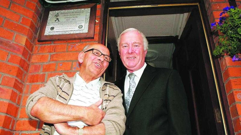 Arthur 'Mousey' Brady, left, with Charlie Tully jnr unveiling a plaque to his father, Belfast Celtic legend Charlie Tully. Picture by Bill Smyth