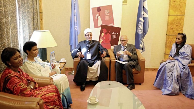UN Women executive director Phumzile Mlambo-Ngcuka (second from left), campaigner Jaha Dukureh (right) and Oulimata Sarr UN Women regional director with deputy grand Imam of Al Azhar at the Summit in Dakar, Senegal. Picture by UN Women 