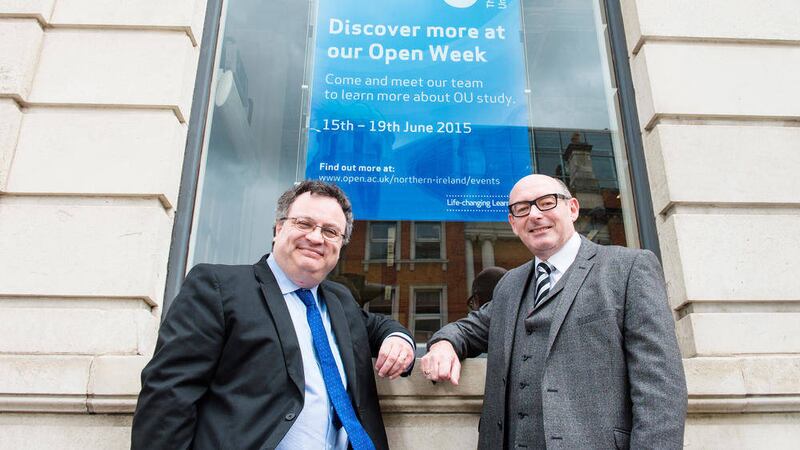 John D&#39;Arcy, Open University Nation Director, pictured with Dr Stephen Farry Minister for Employment and Learning  