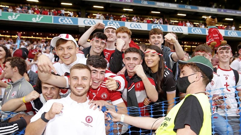 Tyrone fans at the end of the GAA Football All-Ireland Senior Championship Between Tyrone and Mayo at Croke Park Dublin 09-11-2021. Pic Philip Walsh. 