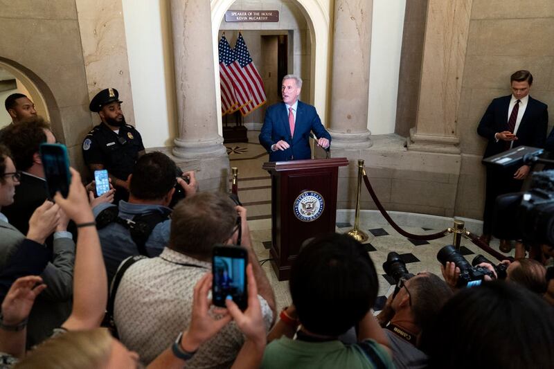 Speaker of the House Kevin McCarthy speaking at the Capitol in Washington