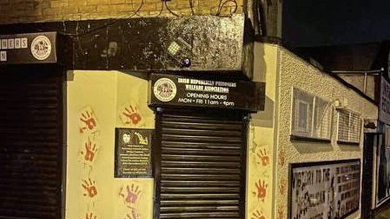 Hand signs in red paint were daubed on Junior McDaid House in Derry overnight on Saturday. 