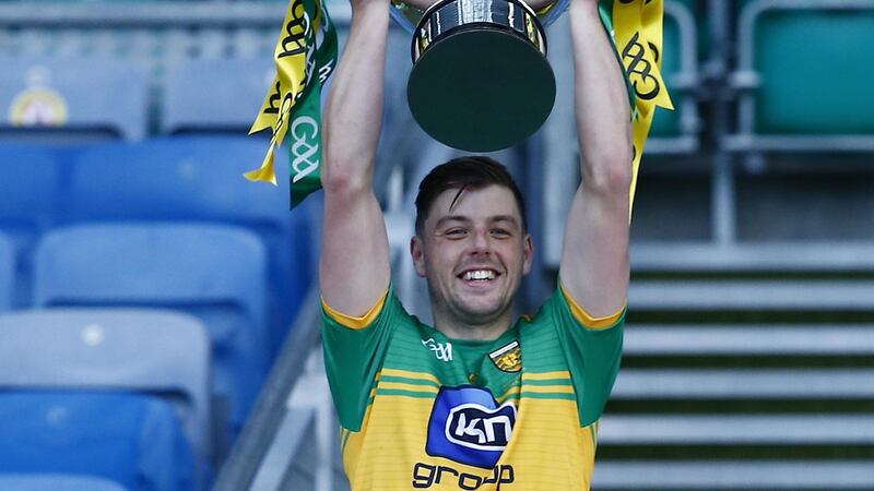 Donegal's Sean McVeigh lifts the Nicky Rackard Cup after his side defeated Mayo in the final at Croke Park, Dublin on Sunday November 22 2020. Picture by Philip Walsh&nbsp;