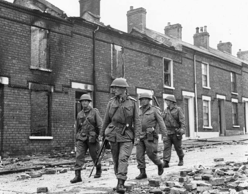 British soldiers in Bombay Street in west Belfast in August 1969. Picture by Gerry Collins 