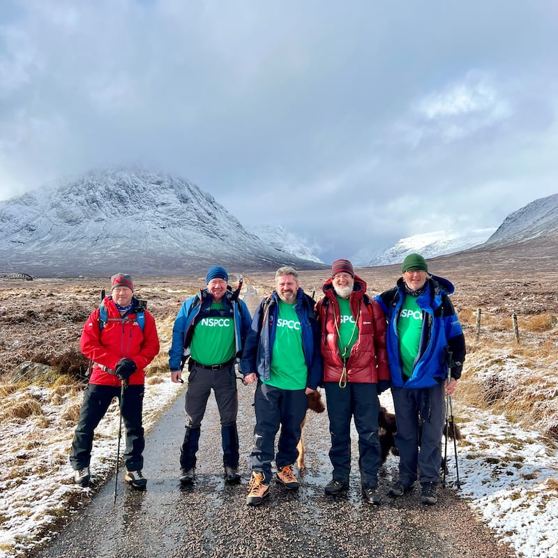 Team Uprising members (left to right) Glen Massam, Nial Mackinlay, Giles Moffat, Neil Russell and Graeme Sneddon, while training for the trek in Scotland.