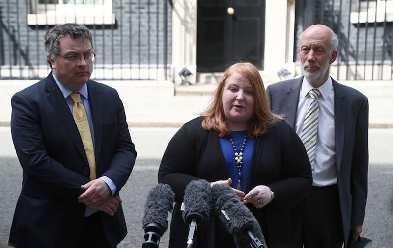 Stephen Farry, Naomi Long and  David Ford of the Alliance Party speak to media after having talks in 10 Downing Street, London, as negotiations continue between Theresa May's Conservatives and the DUP over a deal under which the party could prop up a minority Tory administration&nbsp;