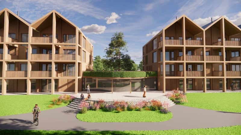CGI image showing four level timber frame apartments.
