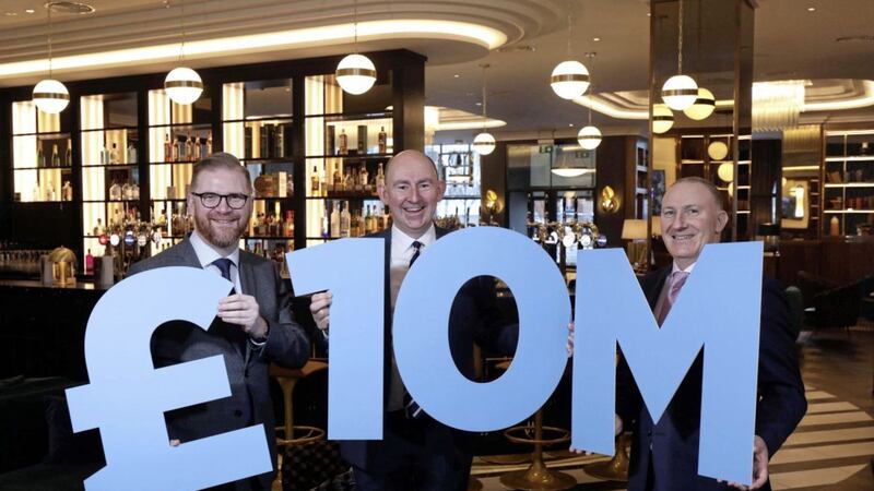 Unveiling Hilton Belfast&#39;s &pound;10 million expansion are (from left) Belfast Chamber chief executive Simon Hamilton, hotel general manager Mark Walker and Visit Belfast chief executive Gerry Lennon. Photo: Darren Kidd/PressEye 