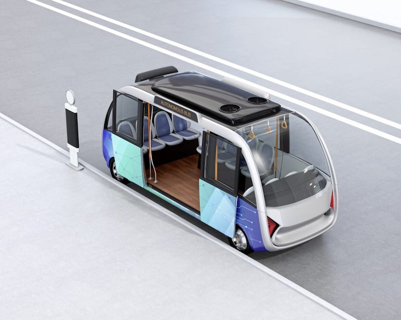Computer-generated image of the type of autonomous shuttle bus which might soon be in use in Belfast Harbour. 