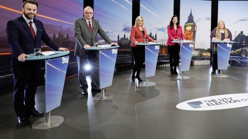 Colum Eastwood, Steve Aiken, Michelle O&#39;Neill, Emma Little-Pengelly and Naomi Long took part in the UTV Election Debate. Picture by Kelvin Boyes 