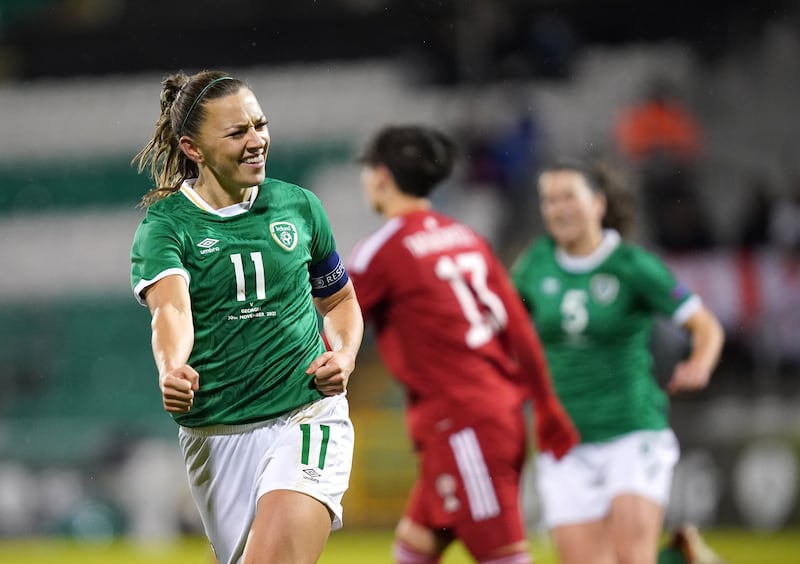 Republic of Ireland's Katie McCabe celebrates scoring her side's seventh goal of the Women's FIFA World Cup qualifier against Georgia in the Tallaght Stadium, Dublin.