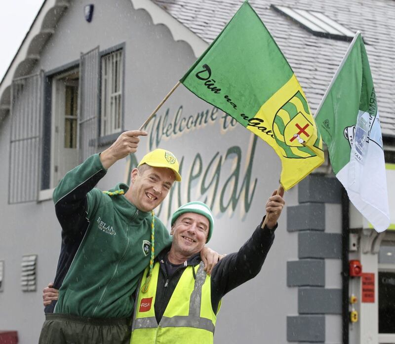 Fermanagh fan Dermot and Donegal fan Liam McGinley hope for a win on Sunday. Picture by Hugh Russell